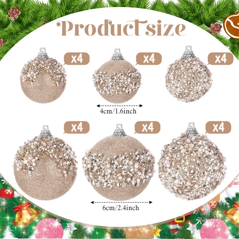 POEN 24 PCS GLITTER BLUBRAY BALL ORNAMENTS مجموعة زخارف شجرة عيد الميلاد معلقة رغوة الرغوة كرات عيد الميلاد لزخارف شجرة عيد الميلاد إكليل إكليل جارلاند ديكور ديكور حفل زفاف (الشمبانيا) - Image 2