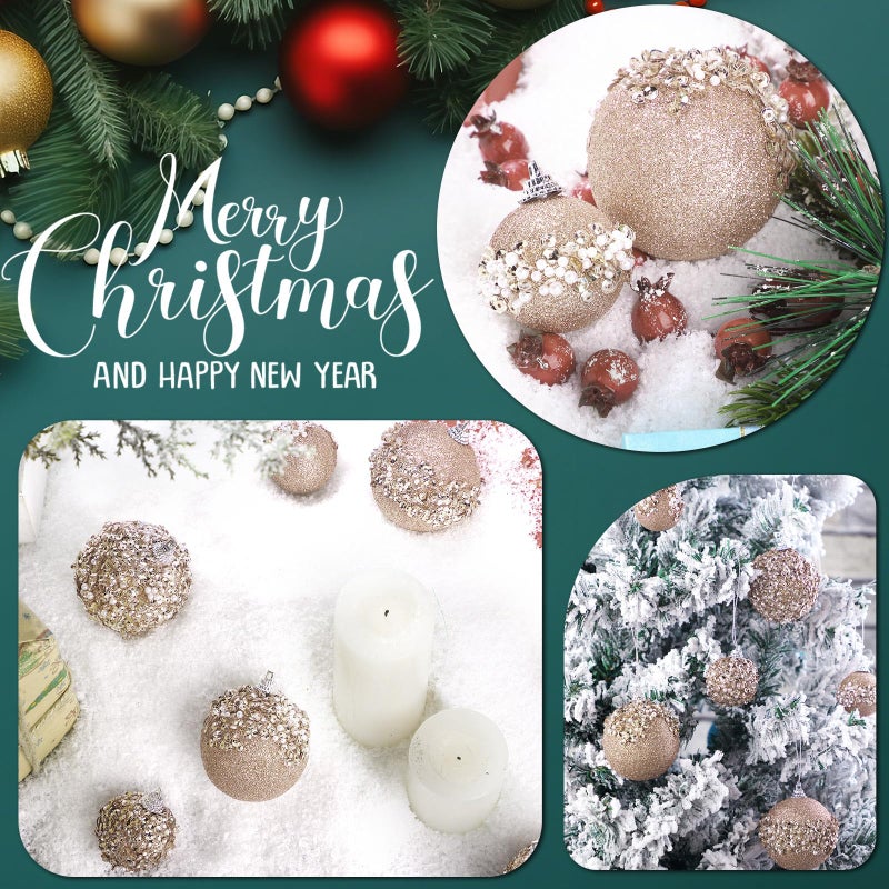 POEN 24 PCS GLITTER BLUBRAY BALL ORNAMENTS مجموعة زخارف شجرة عيد الميلاد معلقة رغوة الرغوة كرات عيد الميلاد لزخارف شجرة عيد الميلاد إكليل إكليل جارلاند ديكور ديكور حفل زفاف (الشمبانيا) - Image 4
