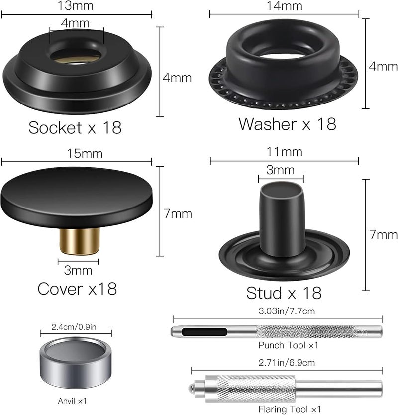 Moocci 72 Pieces (18Sets) Snap Fastener Kit Tool 15MM Snap Button kit Snaps for Leather Leather Snaps and Fasteners Kit for High-Grade Metal Material Snaps for Bag, Jeans, Clothes, Fabric (Black) - Image 2