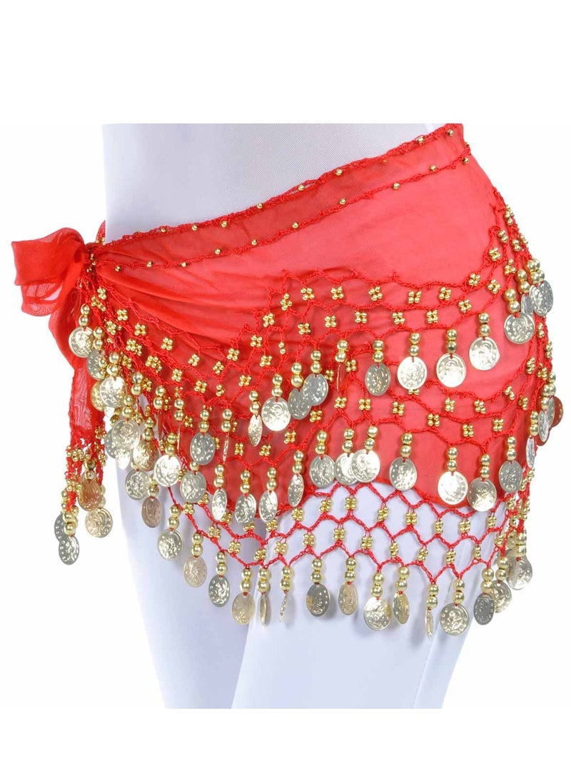 Belly Dance Belt Belly Dance Hip Scarf with 128 Coins,Red  - Image 4