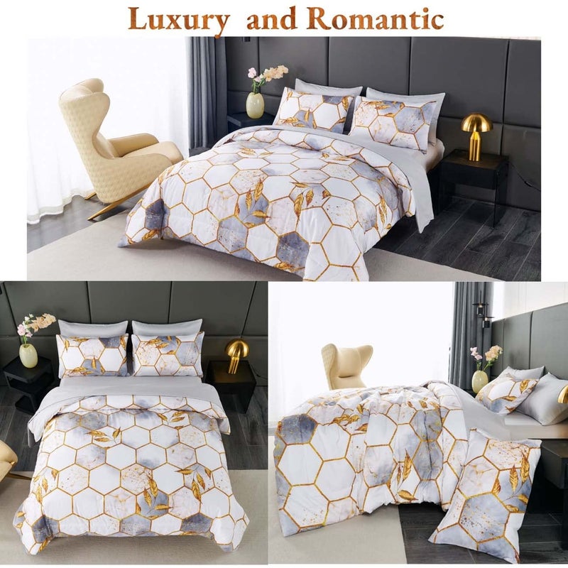 ANGIYUIN 7 Pieces White Gold Comforter Set Queen, Geometric Honeycomb Bedding Sets Hexagon Gold Trim Bed Sets, Ultra Soft Lightweight Bed in A Bag for Women Men (White Queen) - Image 4