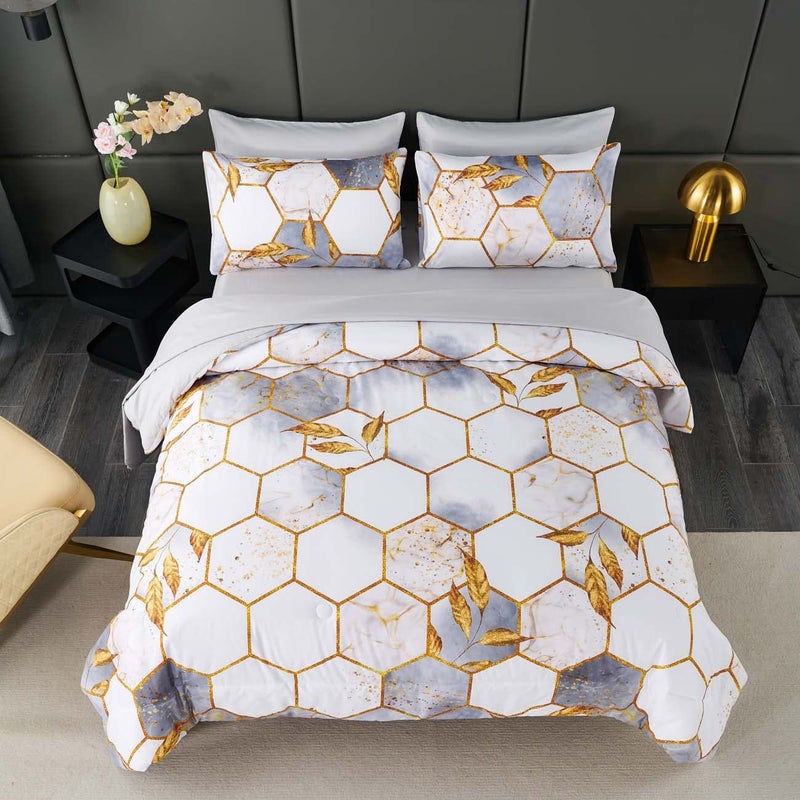 ANGIYUIN 7 Pieces White Gold Comforter Set Queen, Geometric Honeycomb Bedding Sets Hexagon Gold Trim Bed Sets, Ultra Soft Lightweight Bed in A Bag for Women Men (White Queen) - Image 2