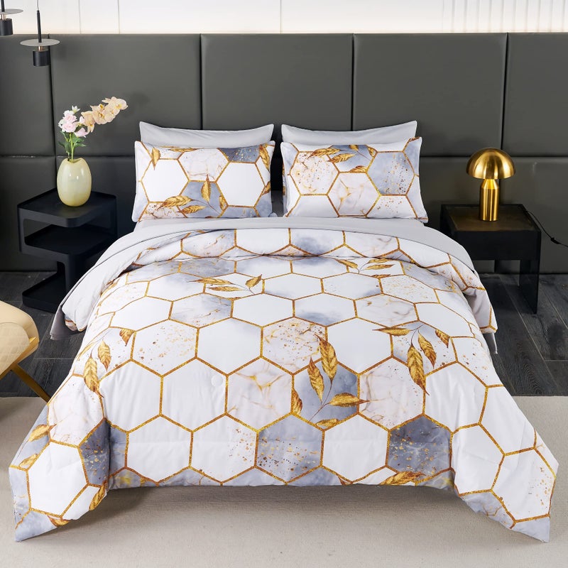 ANGIYUIN 7 Pieces White Gold Comforter Set Queen, Geometric Honeycomb Bedding Sets Hexagon Gold Trim Bed Sets, Ultra Soft Lightweight Bed in A Bag for Women Men (White Queen) - Image 1