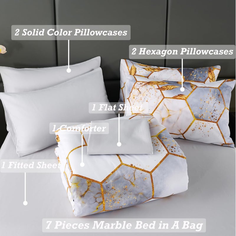 ANGIYUIN 7 Pieces White Gold Comforter Set Queen, Geometric Honeycomb Bedding Sets Hexagon Gold Trim Bed Sets, Ultra Soft Lightweight Bed in A Bag for Women Men (White Queen) - Image 3