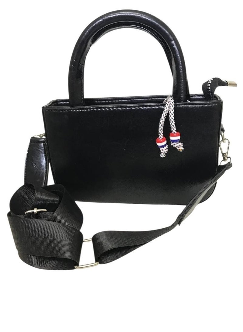 Women’s Hand & Crossbody Shiny Leather Bag with Keychain – Black - Image 1