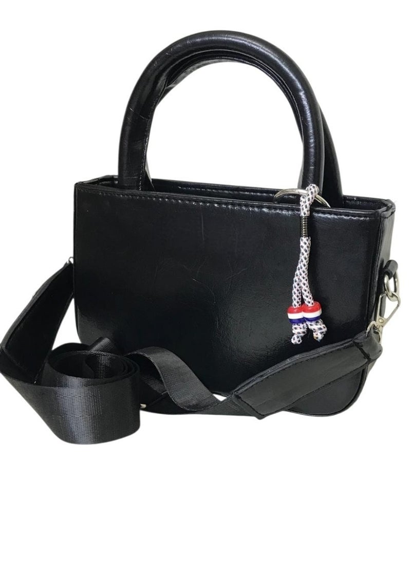 Women’s Hand & Crossbody Shiny Leather Bag with Keychain – Black - Image 4