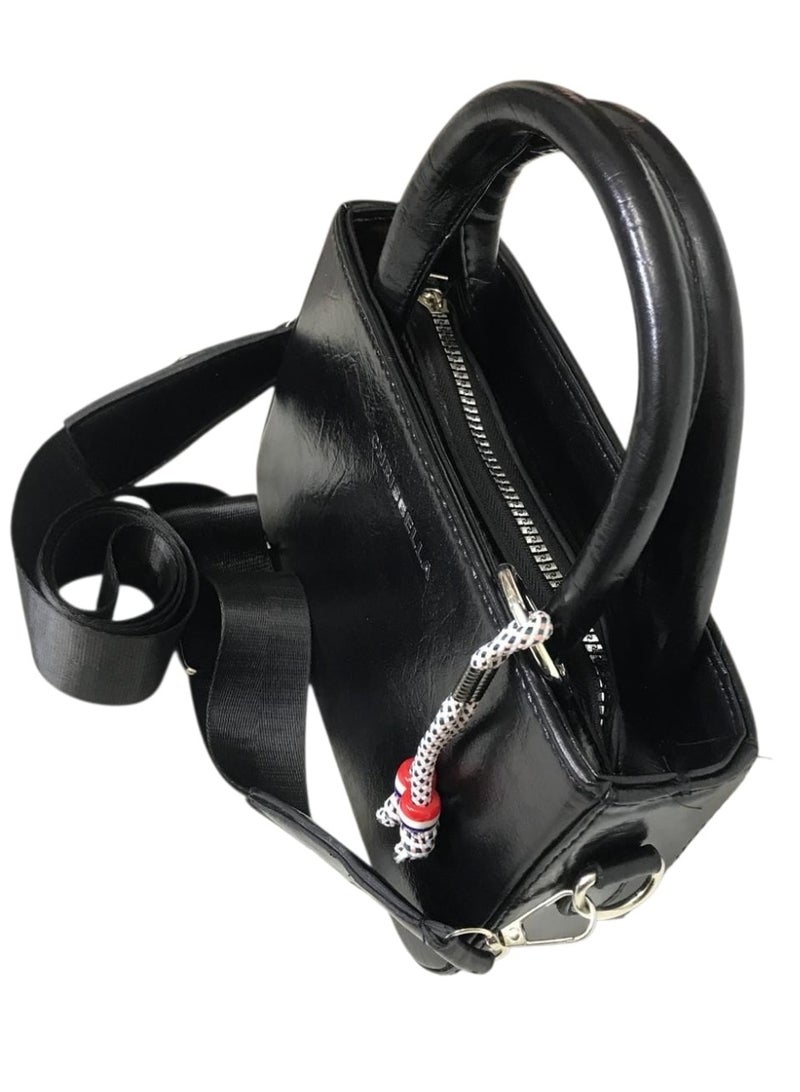 Women’s Hand & Crossbody Shiny Leather Bag with Keychain – Black - Image 2