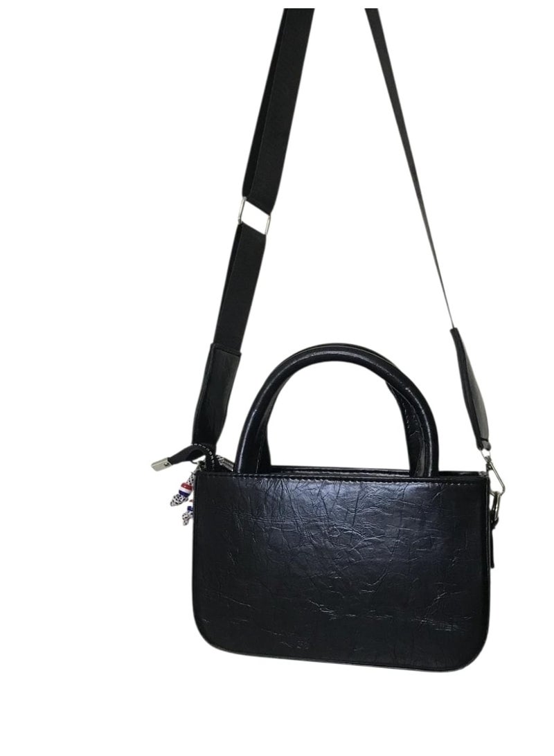 Women’s Hand & Crossbody Shiny Leather Bag with Keychain – Black - Image 3