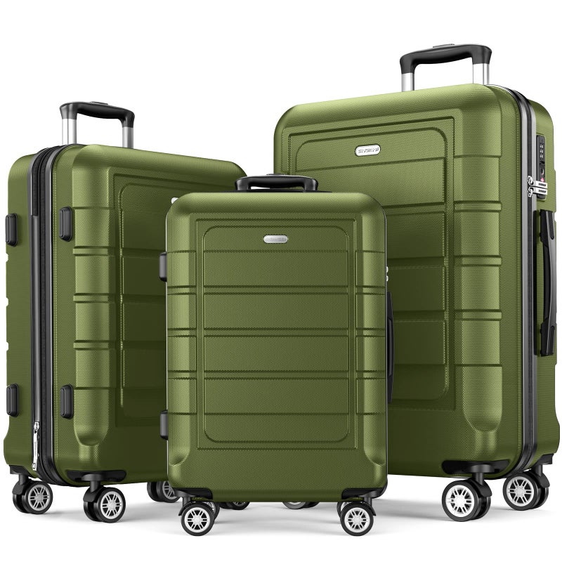 SHOWKOO SHOWKOO Luggage Sets 3 Piece Expandable PC+ABS Hard Shell Suitcase Lightweight Durable Double Spinner Wheels 20"24"28"- Olive Green  - Image 1