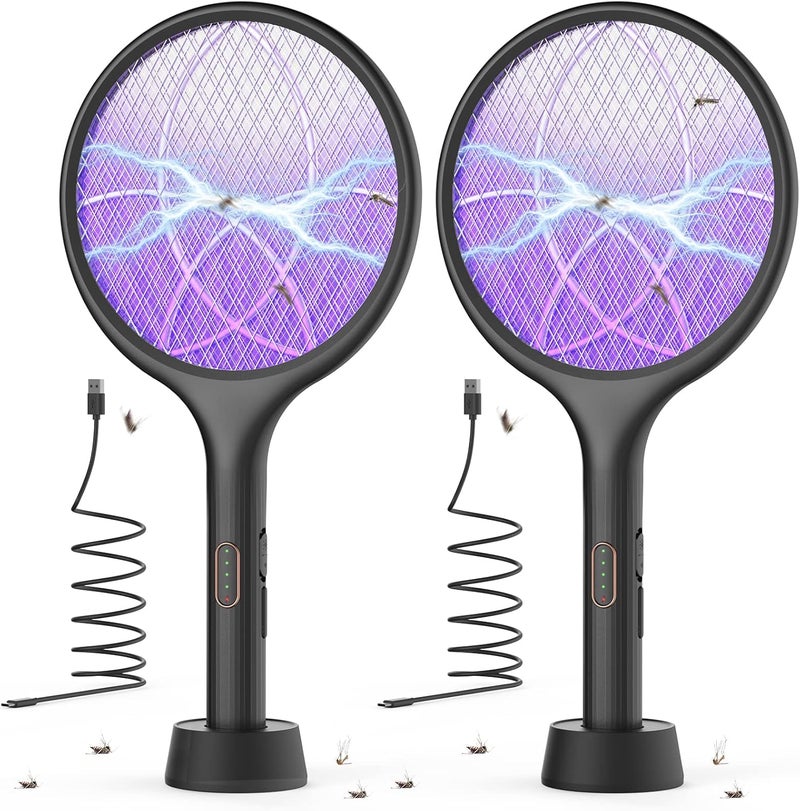 2PCS 4000V Electric Mosquito Killer Racket 2 in 1 USB Rechargeable 1500mAh- Black