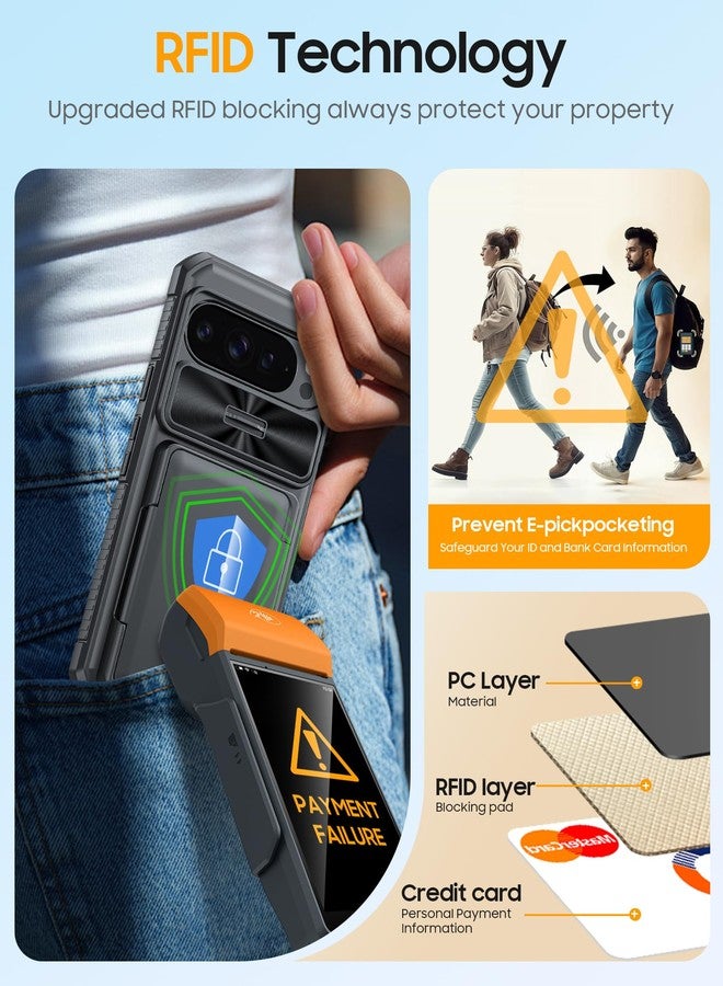 جراب oupeigar لهاتف Google Pixel 10 Pro XL مع حامل بطاقات وحجب RFID وغطاء كاميرا منزلق وحامل، جراب محفظة مقاوم للصدمات وغير قابل للانزلاق لكامل الجسم لهاتف Pixel 10 Pro XL (أسود) - Image 4