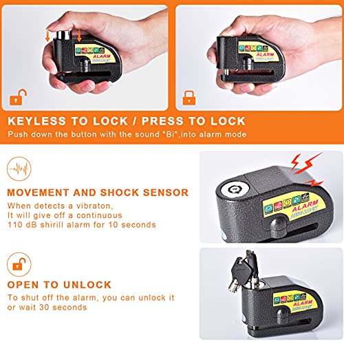 Mathtoxyz Motorcycle Alarm Disc Brake Lock, Motorcycle Locks Anti-Theft Security Wheel Disc Lock Waterproof 110dB Alarm Sound with 5ft Reminder Cable Keys and Carry Pouch for Motorbike Bike Scooter - Image 4