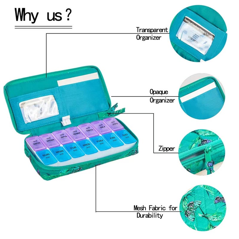 ZUMD Weekly 7 Day Pill Organizer Case 2 Times a Day (AM/PM), Large Portable Pill Box 7 Day for Vitamin Medicine, Pill Case with Quilted Fabric Zipper Cute Bag for Travel or Daily - Image 3