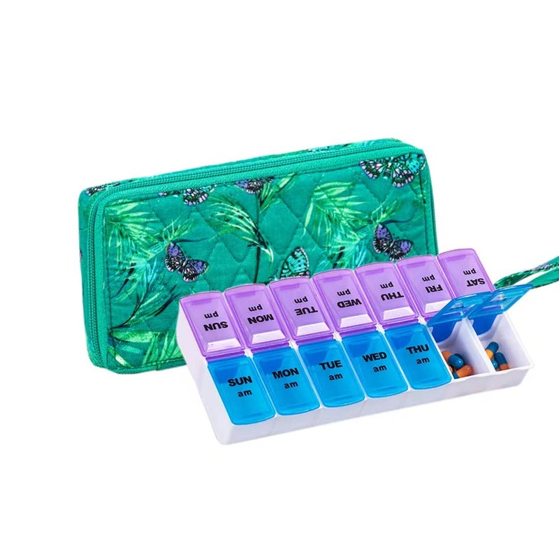 ZUMD Weekly 7 Day Pill Organizer Case 2 Times a Day (AM/PM), Large Portable Pill Box 7 Day for Vitamin Medicine, Pill Case with Quilted Fabric Zipper Cute Bag for Travel or Daily - Image 1