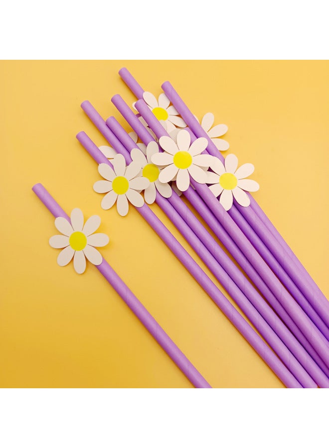Factory Spot Wholesale Creative Party Straw Decoration Series With Card Small Flower Daisy Paper Straw Creative-Color:Small White Flower + Pure Powder Straw  - Image 3