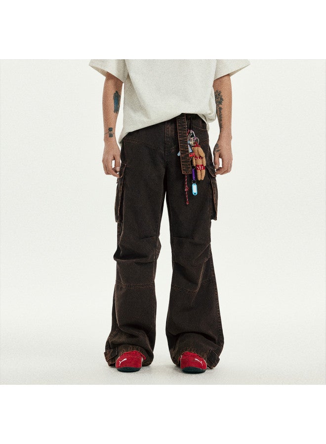 EPTISON distressed Canvas Pleated Western Cowboy Men's 100% Cotton Casual Trousers Pants - Image 4