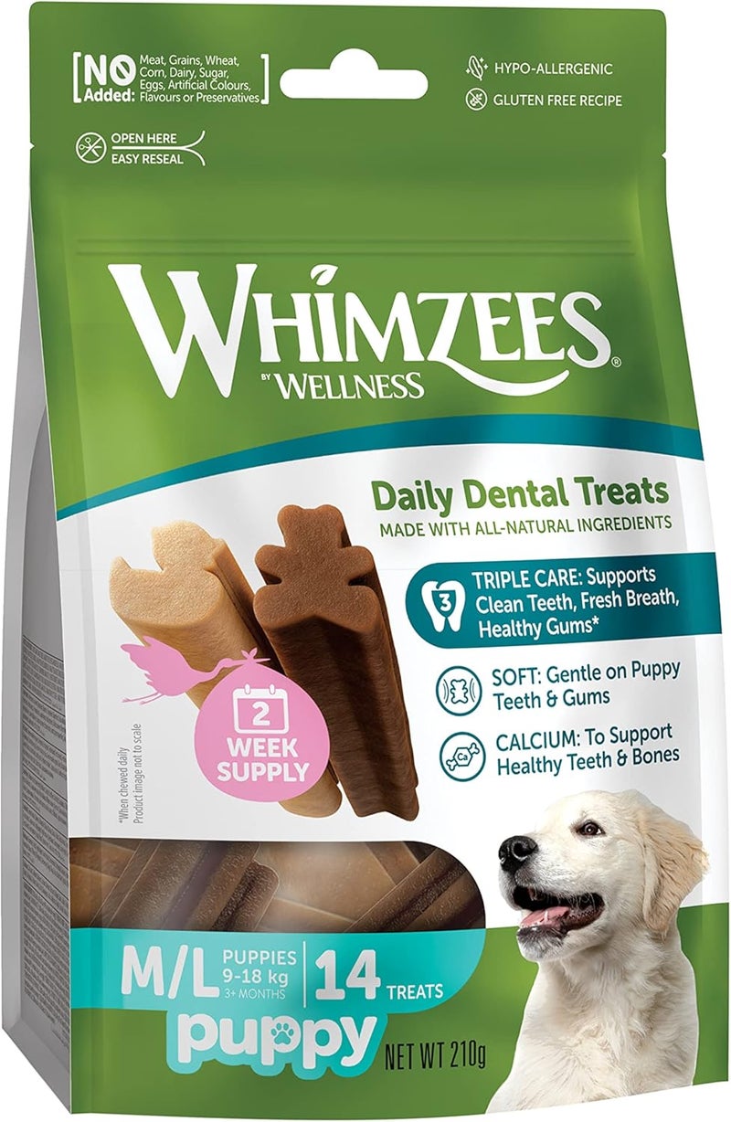 WHIMZEES by Wellness Puppy Stix, Chew Bones for Large Puppies, Dog Snack for Dental Care, Size M/L, 14 Pieces, No Added Sugar, Grain-Free, Natural, Low Fat - Image 1