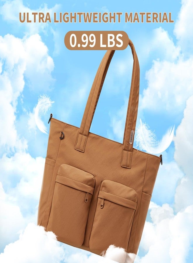 aji tote bag for women work, Water-Resistant Tote Bag with Zipper&Multi Pockets, Lightweight Teacher Tote Bag With Detachable Soft Shoulder Strap for Work/Travel/College/Daily, Warm Brown - Image 3