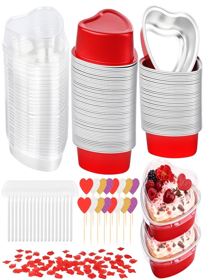 Tetutor 60 Packs Heart Shaped Cake Pans, Valentine Aluminum Foil Mini Heart Cake Pans with Lids,3.4 Ounces Disposable Small Heart Cupcake Cup Pan Baking Pan for Valentine Mother's Day Wedding Party - Image 1