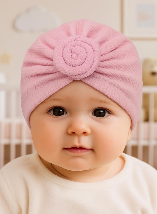 BABY STATION Cotton Turban Hat with Flower - Soft Unisex Baby Cap (0-3 Years) Pink - Image 3
