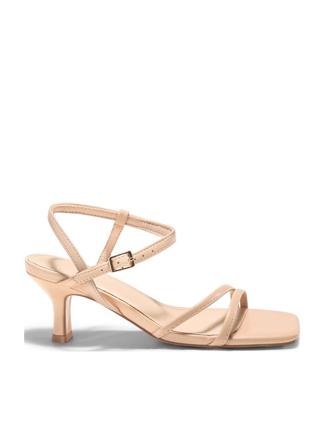 Coutgo Womens Strappy Low Kitten Heels Square Open Toe Sandals Ankle Strap Comfortable Summer Dressy Shoes, Nude, Size 8 - Image 1