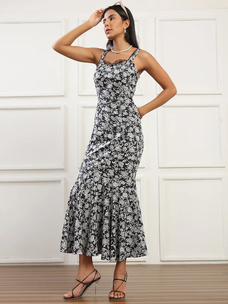 globus Globus Women Black Floral Print Shoulder Strap Round Neck with Lace Detail Flared Hem Midi Bodycon Party Dress