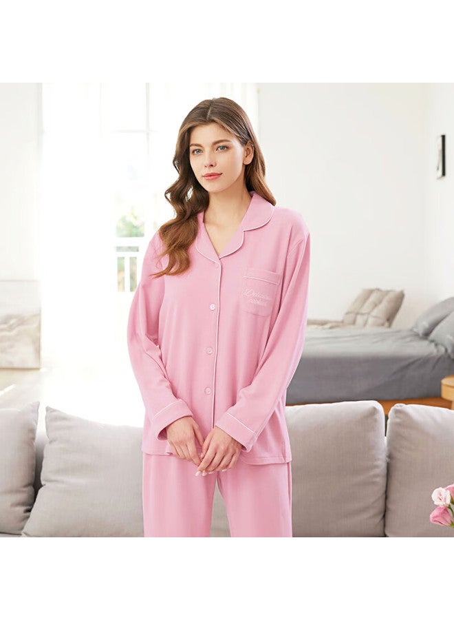 MEIBIAO American Standard Autumn Winter Couples Long Sleeve Pajama Set For Men And Women, Dusty Rose, XL - Image 1