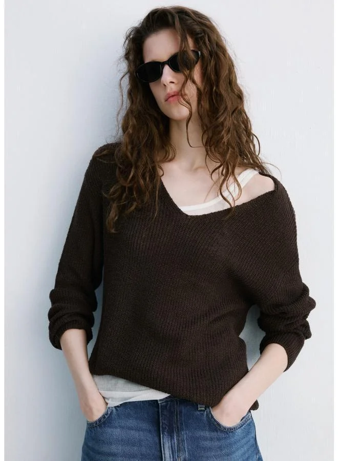 مانجو V-neck openwork knitted sweater