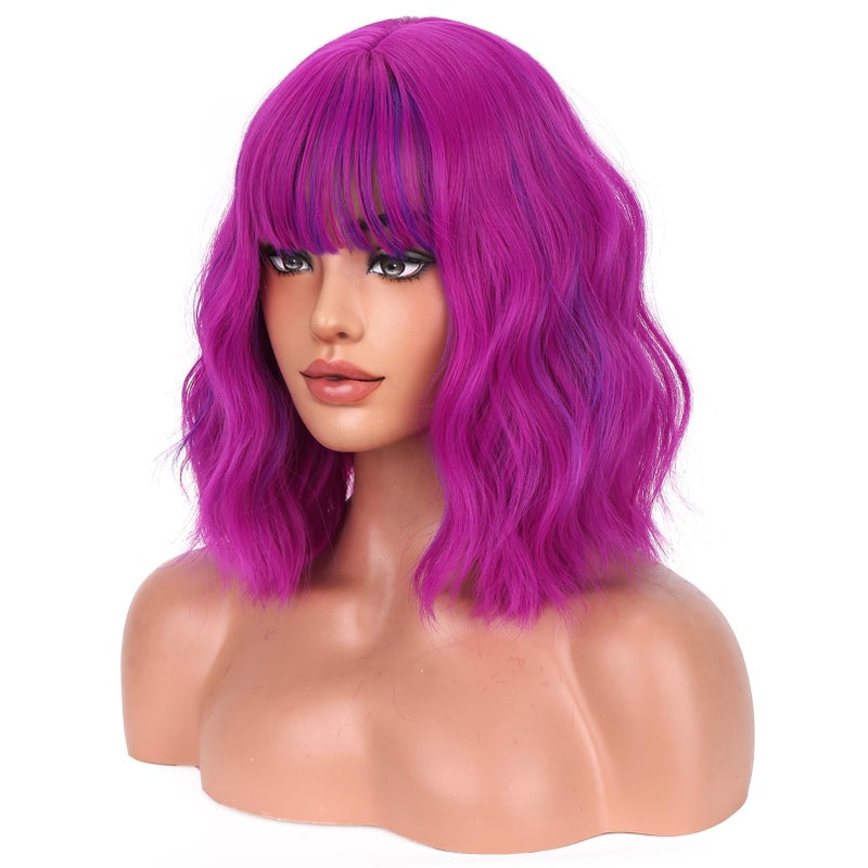 BERON Rose and Purple Womens Wig Short Curly Bob Wig with Bangs for Girls Fuchsia Colored Wavy Hair Wigs 12 Womens Magenta Synthetic Wigs Daily or Cosplay Use