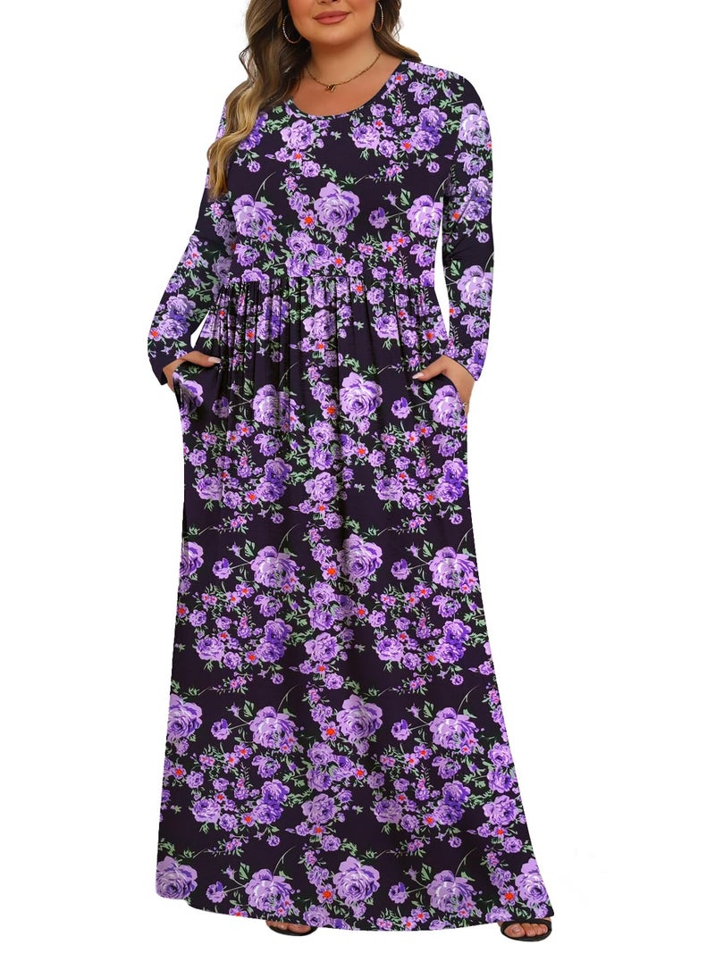 Tencede Womens Plus Size Maxi Dresses Long Sleeve with Pockets Casual Long Dress Purple Flower 3X - Image 1