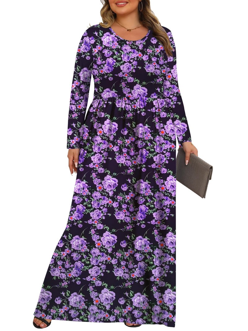 Tencede Womens Plus Size Maxi Dresses Long Sleeve with Pockets Casual Long Dress Purple Flower 3X - Image 3