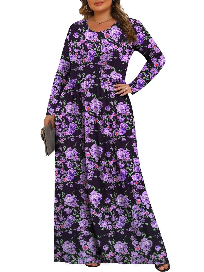 Tencede Womens Plus Size Maxi Dresses Long Sleeve with Pockets Casual Long Dress Purple Flower 3X - Image 2