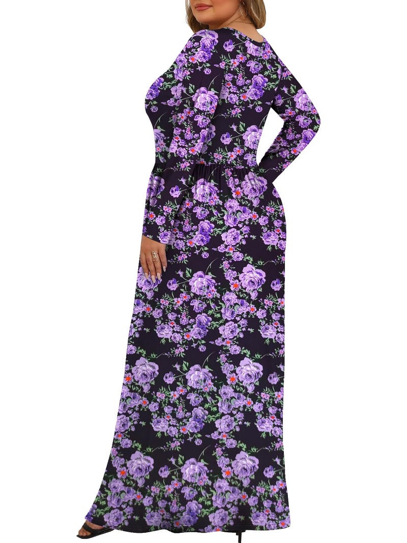 Tencede Womens Plus Size Maxi Dresses Long Sleeve with Pockets Casual Long Dress Purple Flower 3X - Image 4