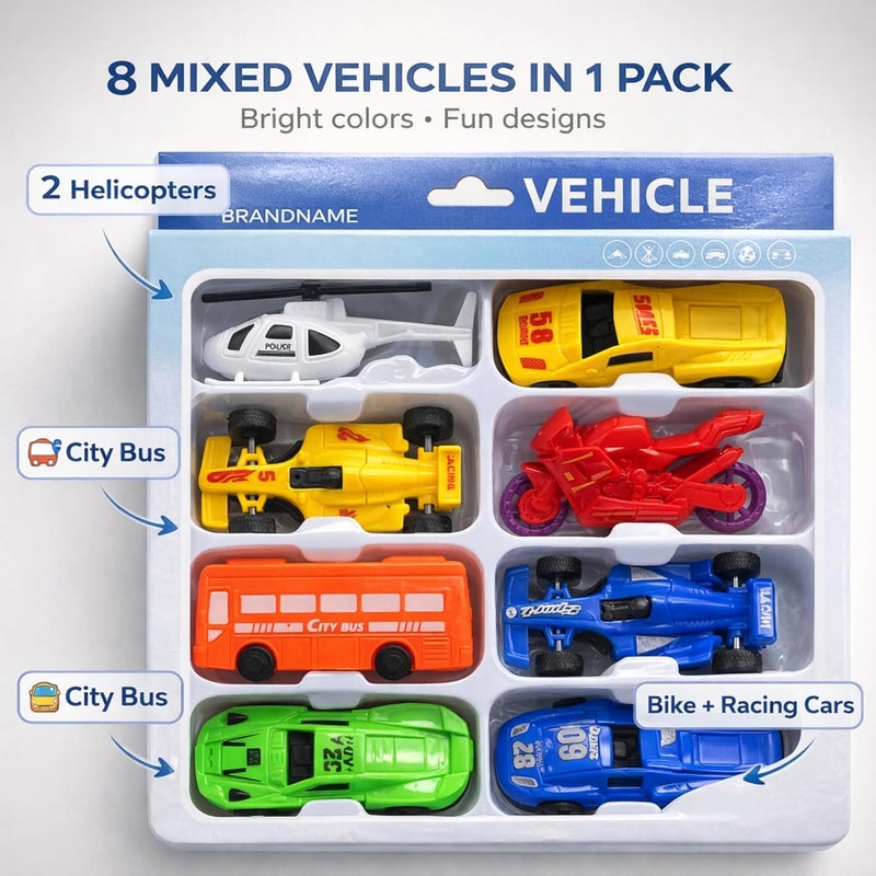 قبو سحري 16 Pcs Mini Toy vehicle playset – Racing Cars, Helicopter, Bus, Motorcycle Vehicle Playset - Image 5