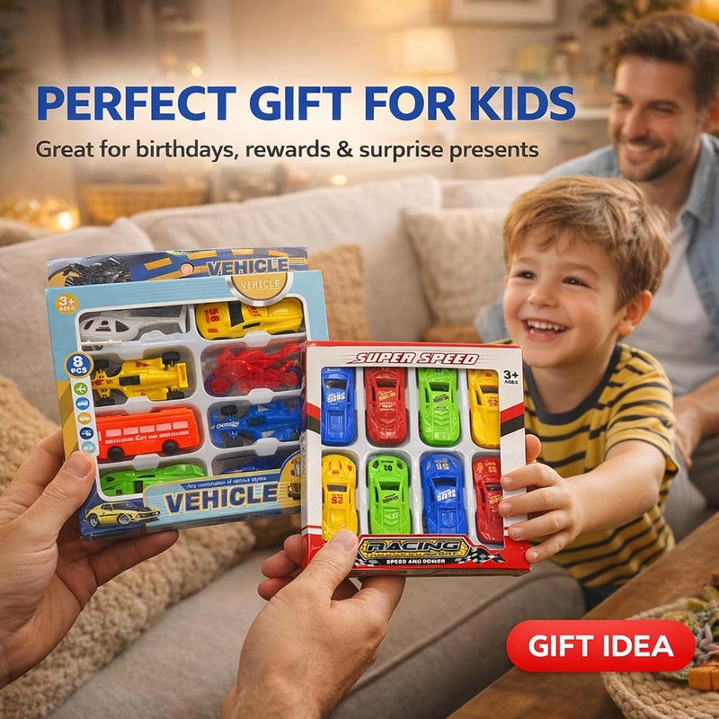 قبو سحري 16 Pcs Mini Toy vehicle playset – Racing Cars, Helicopter, Bus, Motorcycle Vehicle Playset - Image 3