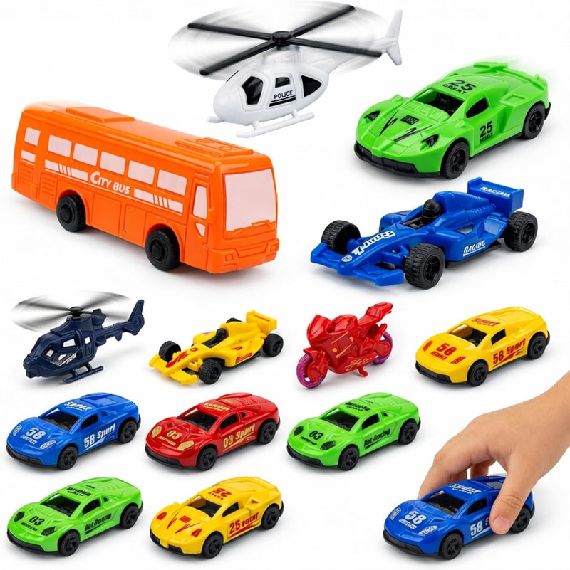 قبو سحري 16 Pcs Mini Toy vehicle playset – Racing Cars, Helicopter, Bus, Motorcycle Vehicle Playset - Image 1