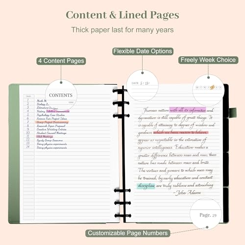 Yoment Leather Journal Notebooks for Work Refillable 224 Page 100 GSM Thick 5 Subject Notebook with Removable Dividers Tabs Hardcover Notebook for School Note Taking Teachers Women Men 6.1 x 8.3,Green - Image 3