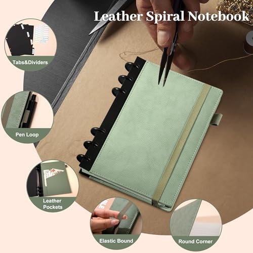 Yoment Leather Journal Notebooks for Work Refillable 224 Page 100 GSM Thick 5 Subject Notebook with Removable Dividers Tabs Hardcover Notebook for School Note Taking Teachers Women Men 6.1 x 8.3,Green - Image 4