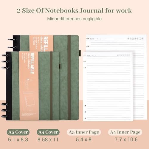 Yoment Leather Journal Notebooks for Work Refillable 224 Page 100 GSM Thick 5 Subject Notebook with Removable Dividers Tabs Hardcover Notebook for School Note Taking Teachers Women Men 6.1 x 8.3,Green - Image 5