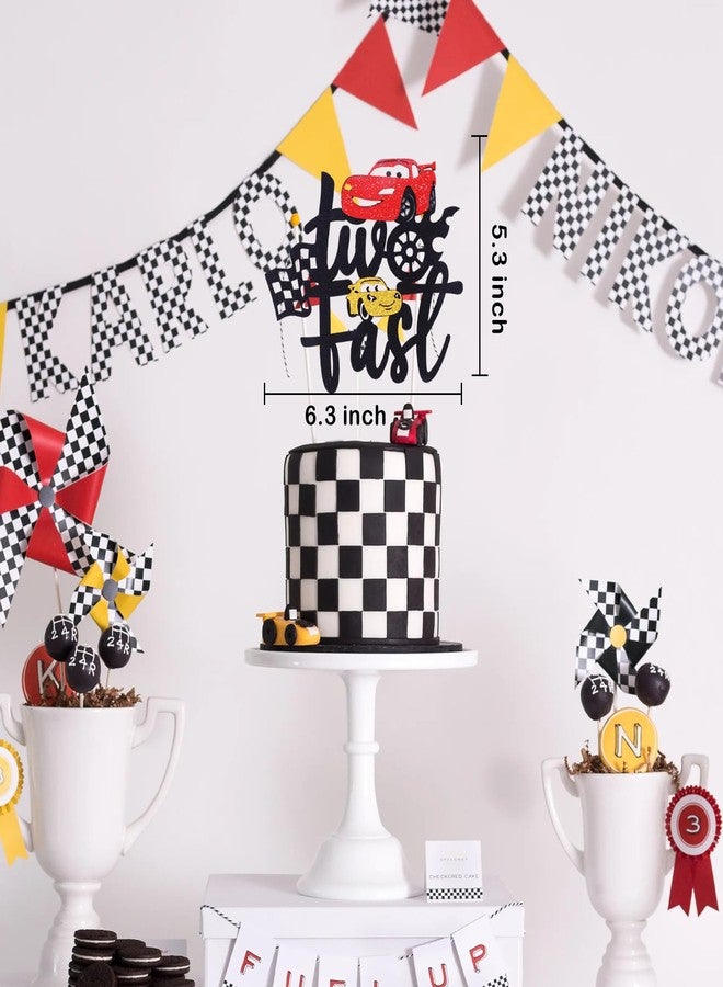 MEMOVAN Two Fast Cake Topper Race Car 2nd Cake Toppers Racing Car Birthday Cake Decoration for Racing Car Checkered Flag Themed Girl Boy 2 Years Birthday Party Decoration Double Sided - Image 2
