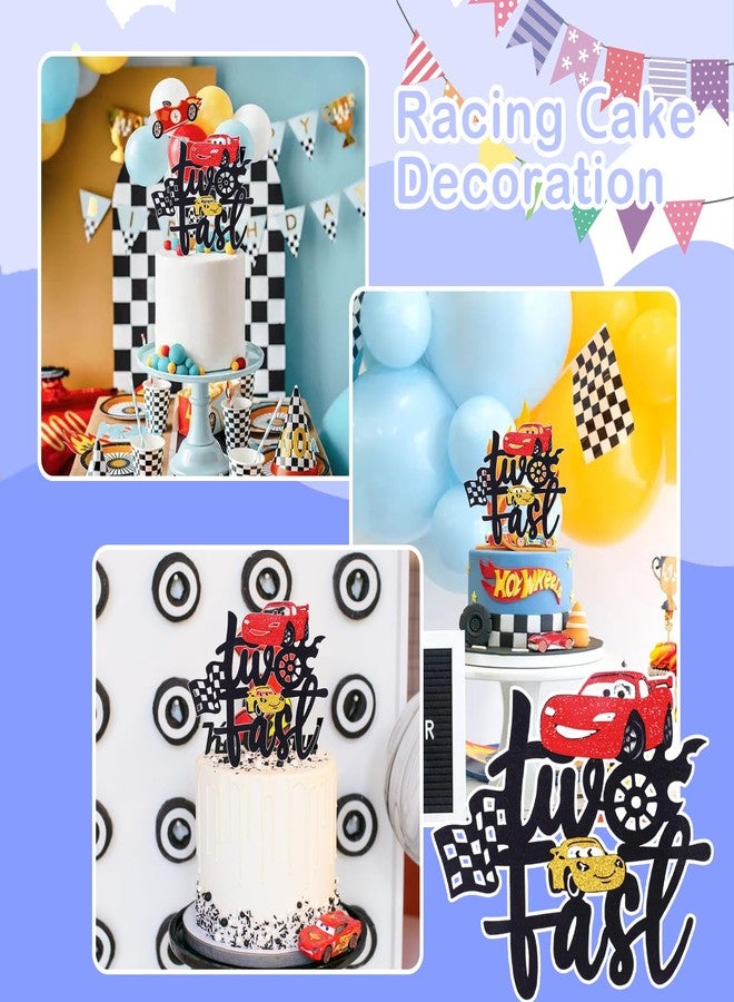 MEMOVAN Two Fast Cake Topper Race Car 2nd Cake Toppers Racing Car Birthday Cake Decoration for Racing Car Checkered Flag Themed Girl Boy 2 Years Birthday Party Decoration Double Sided - Image 4