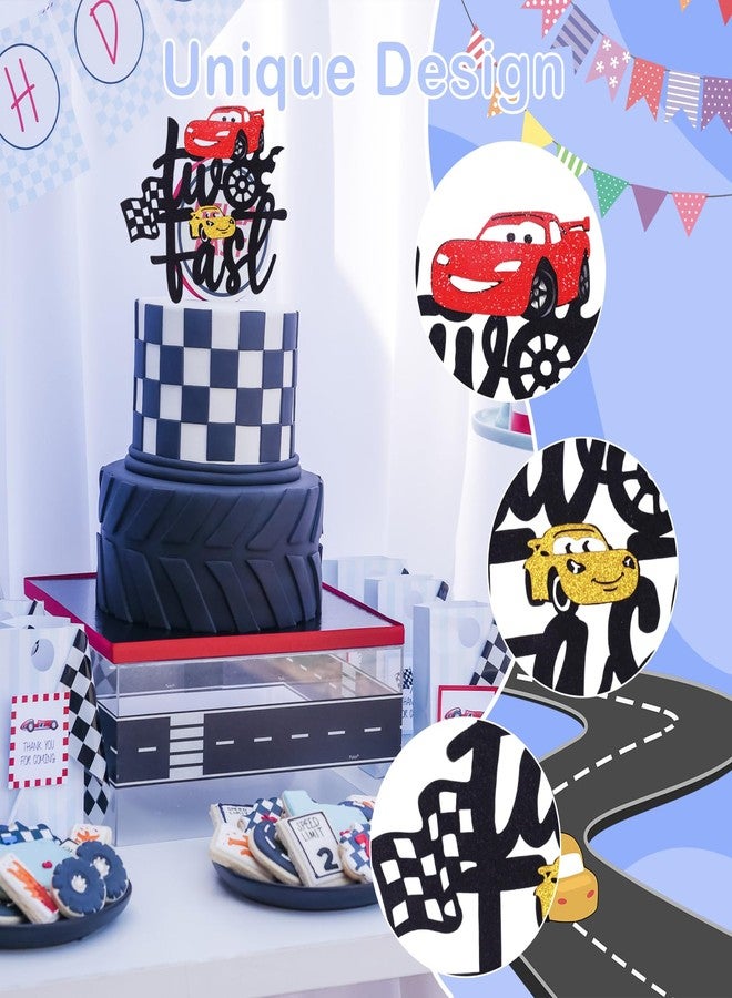 MEMOVAN Two Fast Cake Topper Race Car 2nd Cake Toppers Racing Car Birthday Cake Decoration for Racing Car Checkered Flag Themed Girl Boy 2 Years Birthday Party Decoration Double Sided - Image 3