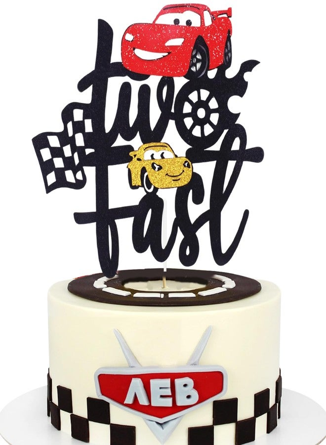 MEMOVAN Two Fast Cake Topper Race Car 2nd Cake Toppers Racing Car Birthday Cake Decoration for Racing Car Checkered Flag Themed Girl Boy 2 Years Birthday Party Decoration Double Sided - Image 1