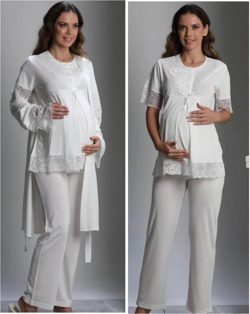 Birol Gaye Birolgaye 2110 Pregnant Postpartum 3 Piece Pajamas Dressing Gown Tk