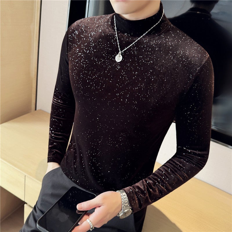 Men'S Clothing New Bottoming Shirt Gold Velvet Mid-Collar Long Sleeve T-Shirt Men'S Elastic Semi-High Collar Slim-Fit Inner T-Shirt