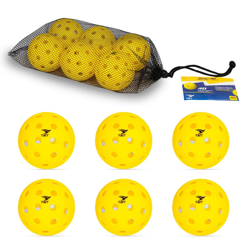 YAIT Sports Gee-40 Pickleball Ball (Pack of 6) with Mesh Bag | 40 Precise Holes | Perfectly Balanced, Durable PP Material, True Flight | AIPA Approved Pickleball | Tournaments & Competitions (Yellow) - Image 1