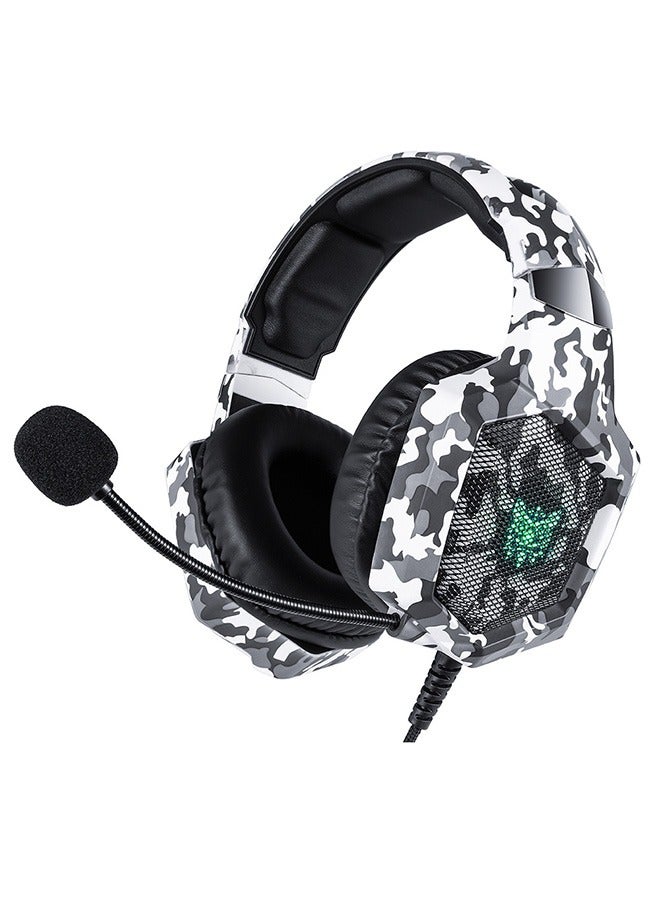 أونيكوما سماعة ألعاب - سماعة رأس K8 محدثة لألعاب PS4 Xbox One، سماعات رأس استريو فوق الأذن وميكروفون لإلغاء الضوضاء مع ميكروفون للكمبيوتر الشخصي، أبيض مموه