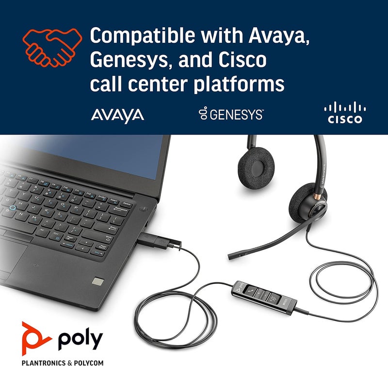 Poly  EncorePro 525 USBA and USBC USB Headset Plantronics  Acoustic Hearing Protection  Hold  Call Answer Buttons  Dual Ear Wearing StyleBlack - Image 4