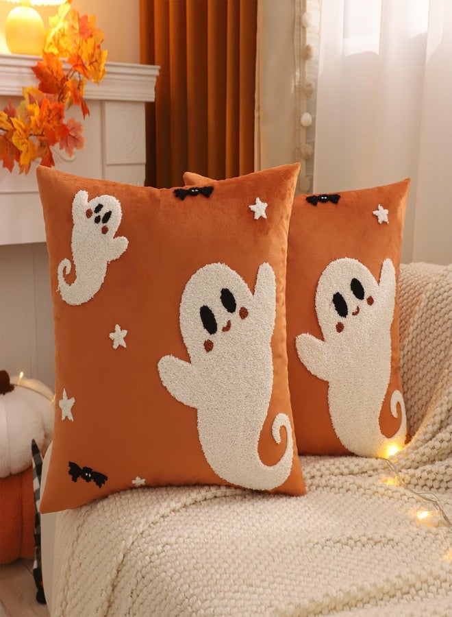 Tosleo Halloween Throw Pillow Covers 18x18 inch Set of 2 Halloween White Spooky Ghosts Embroidered Pillow Cases Thanksgiving Home Party Fall Decor Pillowcases Square Orange Velvet Cushion Covers - Image 1