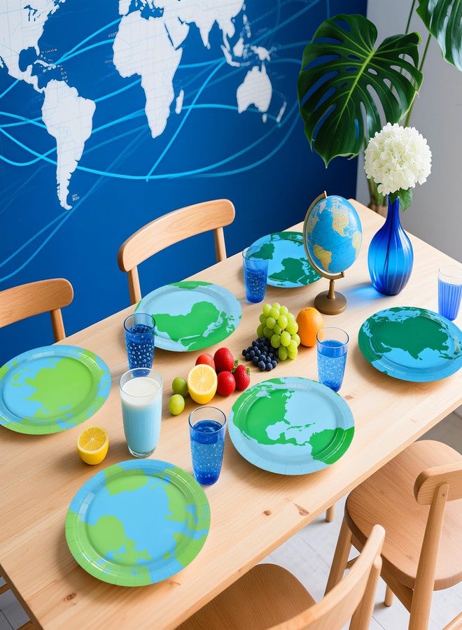 Grencian 60Pcs Earth Day Paper Plates 9" Large Disposable Heavy Duty Navy Globe Map Platter Blue Green Around the World Dessert Plates for Kids Birthday Travel Home Party Decorations - Image 5